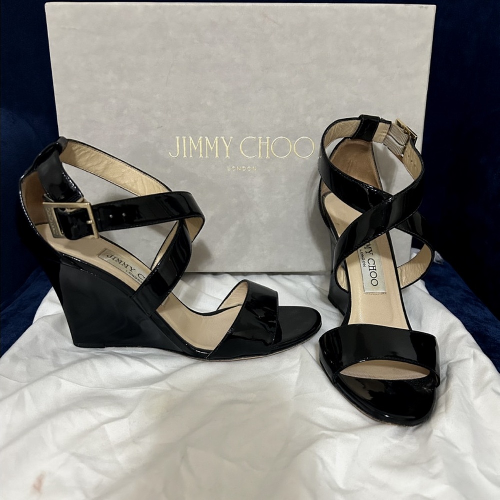 Jimmy Choo Fearne Black Patent Wedge Sandals/Heels Size 36 6